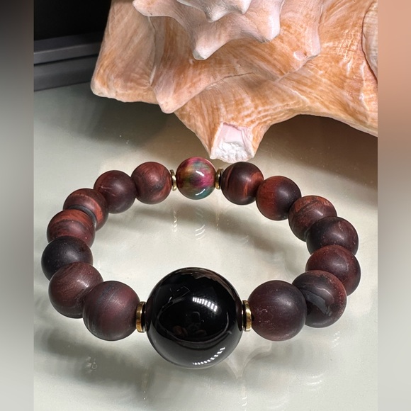MATTE RED TIGERS EYE + ONYX NATURAL STONES BRACELET size 7” - Picture 4 of 11